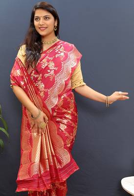 Rani pink banarasi silk blend saree with gold zari floral weaving & rich pallu 3