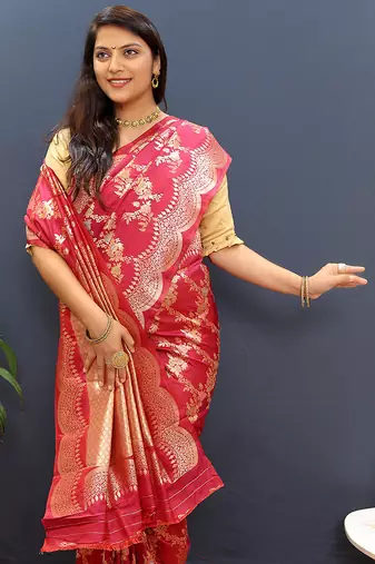Rani pink banarasi silk blend saree with gold zari floral weaving & rich pallu