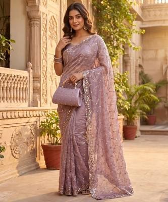 Lavender Color Beeds Work Silk Blend Saree 1