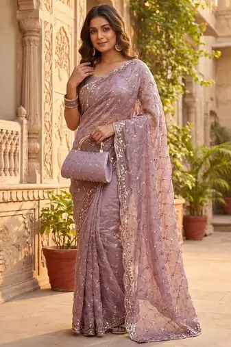 Lavender Color Beeds Work Silk Blend Saree