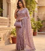 Lavender Color Beeds Work Silk Blend Saree