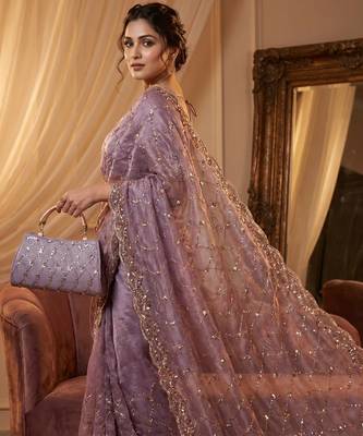 Lavender Color Beeds Work Silk Blend Saree 2