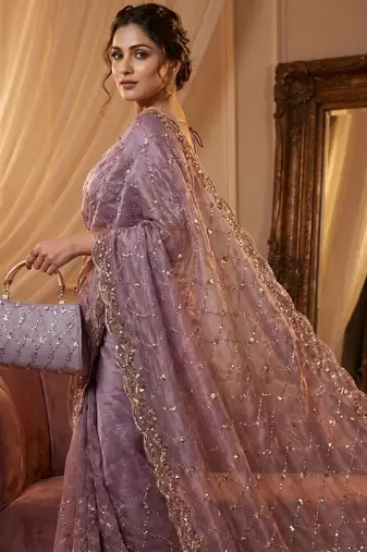 Lavender Color Beeds Work Silk Blend Saree