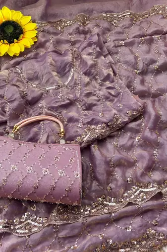Lavender Color Beeds Work Silk Blend Saree