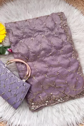 Lavender Color Beeds Work Silk Blend Saree