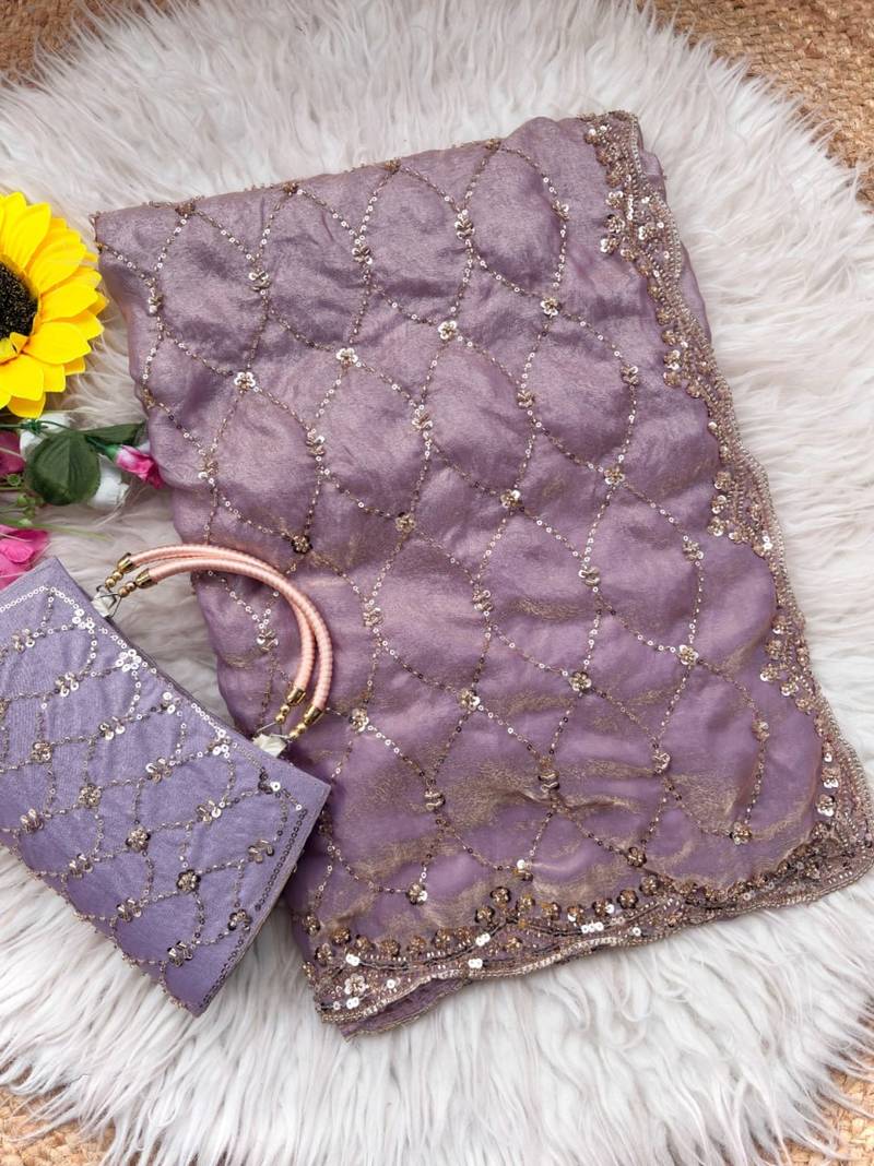 Lavender Color Beeds Work Silk Blend Saree