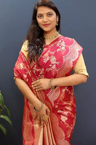 Rani pink banarasi silk blend saree with gold zari floral weaving & rich pallu