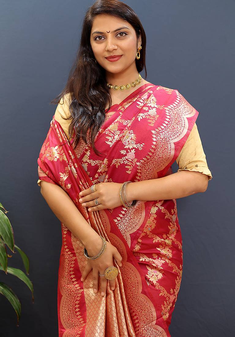Rani pink banarasi silk blend saree with gold zari floral weaving & rich pallu