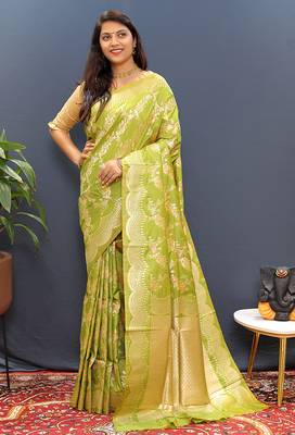 Mehendi green banarasi silk blend saree with gold zari floral weaving & rich pallu 1