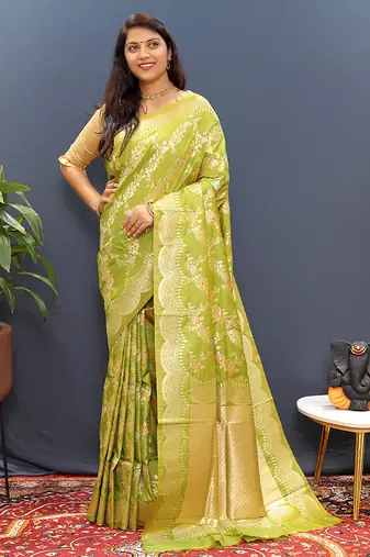 Mehendi green banarasi silk blend saree with gold zari floral weaving & rich pallu