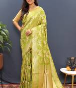 Mehendi green banarasi silk blend saree with gold zari floral weaving & rich pallu