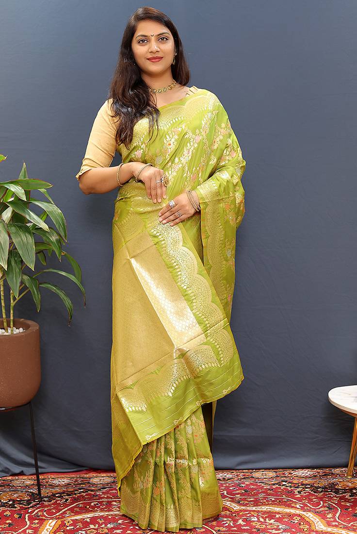 Mehendi green banarasi silk blend saree with gold zari floral weaving & rich pallu
