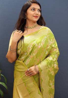 Mehendi green banarasi silk blend saree with gold zari floral weaving & rich pallu 4