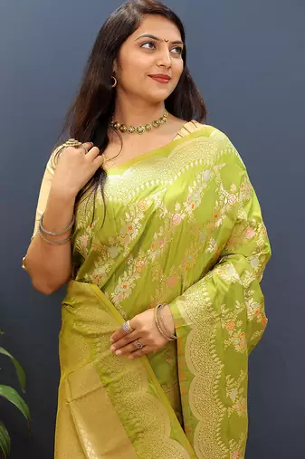 Mehendi green banarasi silk blend saree with gold zari floral weaving & rich pallu