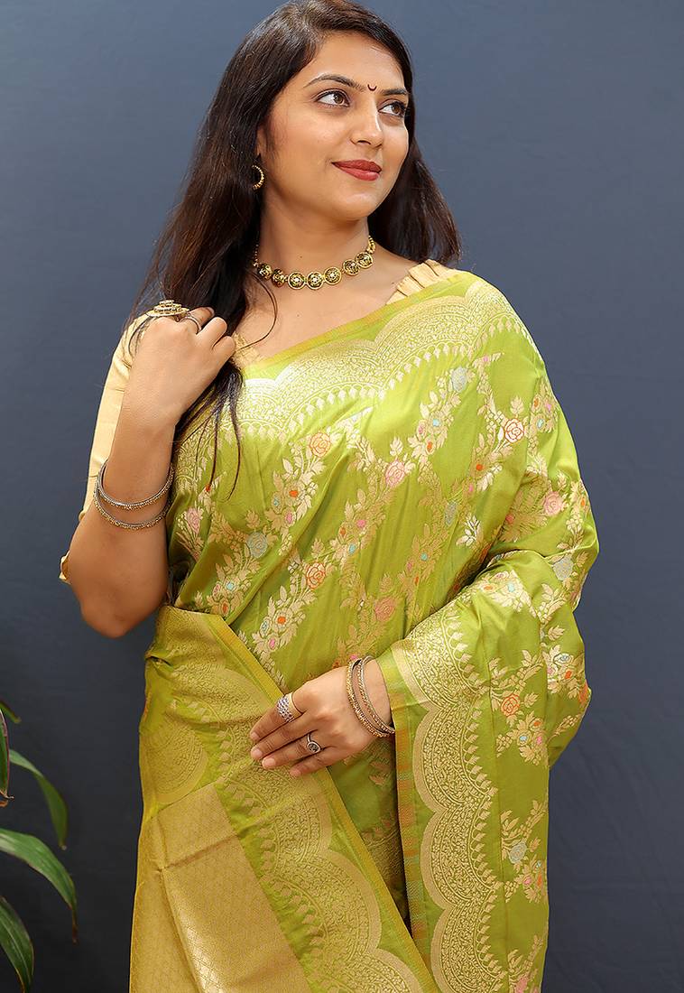 Mehendi green banarasi silk blend saree with gold zari floral weaving & rich pallu