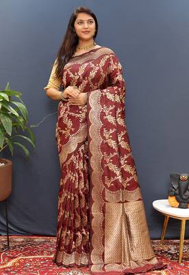 Maroon banarasi silk blend saree with gold zari floral weaving & rich pallu 1