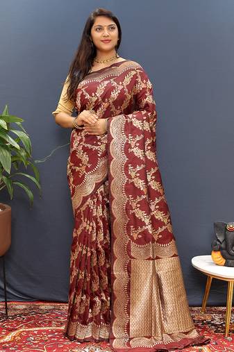 Maroon banarasi silk blend saree with gold zari floral weaving & rich pallu