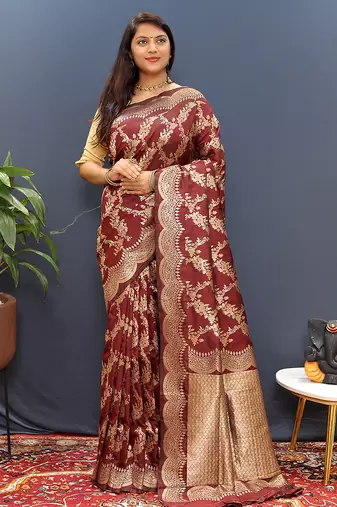 Maroon banarasi silk blend saree with gold zari floral weaving & rich pallu