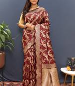 Maroon banarasi silk blend saree with gold zari floral weaving & rich pallu
