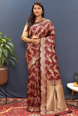 Maroon banarasi silk blend saree with gold zari floral weaving & rich pallu 2