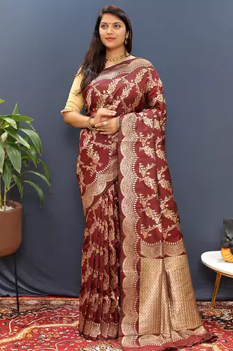 Maroon banarasi silk blend saree with gold zari floral weaving & rich pallu