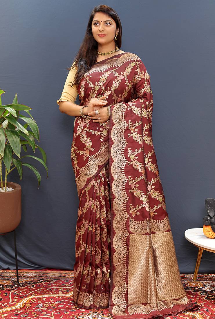 Maroon banarasi silk blend saree with gold zari floral weaving & rich pallu