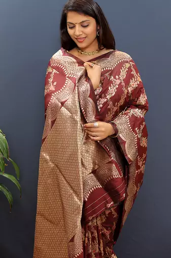 Maroon banarasi silk blend saree with gold zari floral weaving & rich pallu