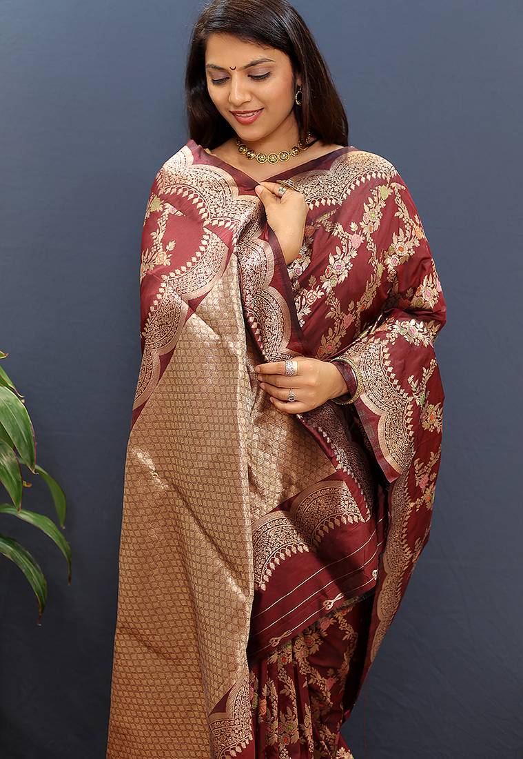 Maroon banarasi silk blend saree with gold zari floral weaving & rich pallu