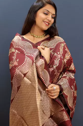 Maroon banarasi silk blend saree with gold zari floral weaving & rich pallu
