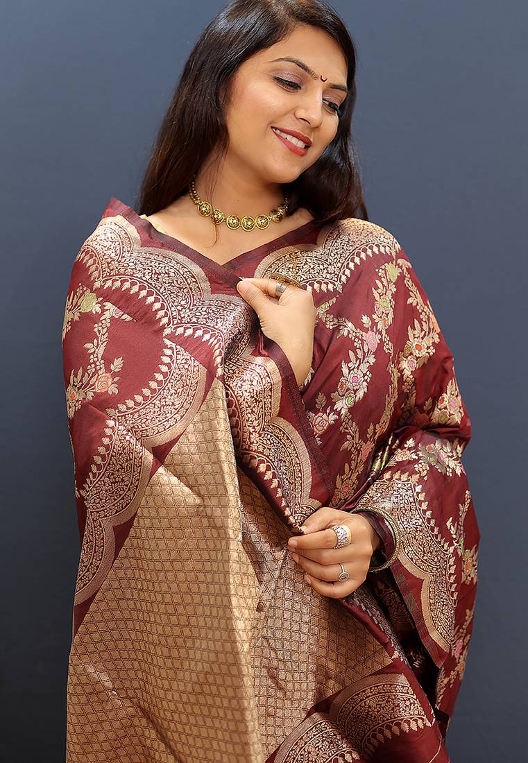 Maroon banarasi silk blend saree with gold zari floral weaving & rich pallu