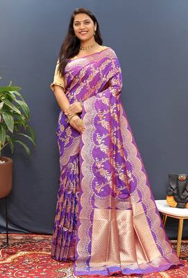 Violet banarasi silk blend saree with gold zari floral weaving & rich pallu 1