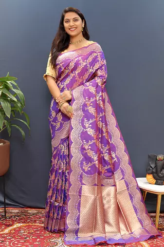 Violet banarasi silk blend saree with gold zari floral weaving & rich pallu