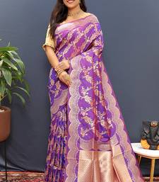 Violet banarasi silk blend saree with gold zari floral weaving & rich pallu