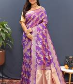 Violet banarasi silk blend saree with gold zari floral weaving & rich pallu
