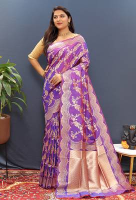 Violet banarasi silk blend saree with gold zari floral weaving & rich pallu 2