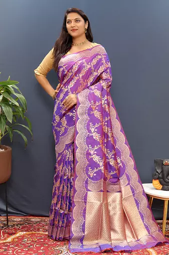 Violet banarasi silk blend saree with gold zari floral weaving & rich pallu