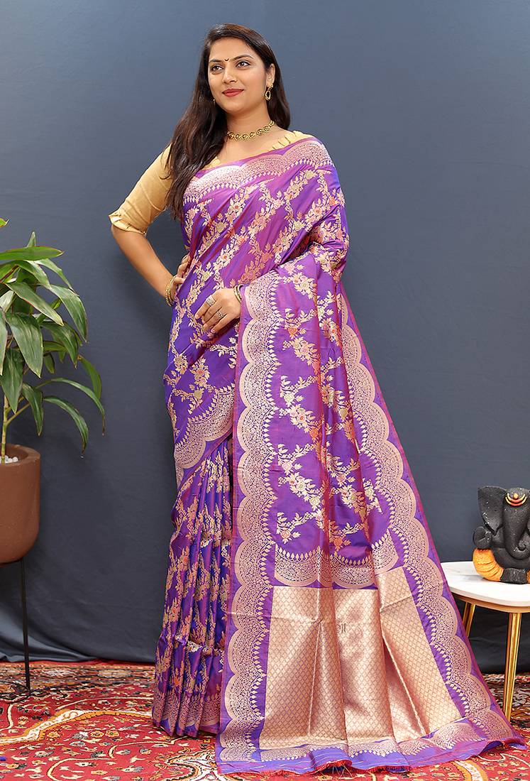 Violet banarasi silk blend saree with gold zari floral weaving & rich pallu