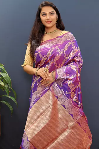Violet banarasi silk blend saree with gold zari floral weaving & rich pallu