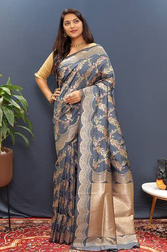 Grey banarasi silk blend saree with gold zari floral weaving & rich pallu