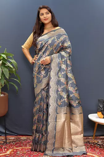 Grey banarasi silk blend saree with gold zari floral weaving & rich pallu