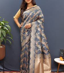 Grey banarasi silk blend saree with gold zari floral weaving & rich pallu