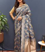 Grey banarasi silk blend saree with gold zari floral weaving & rich pallu