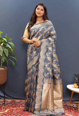 Grey banarasi silk blend saree with gold zari floral weaving & rich pallu 2