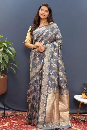 Grey banarasi silk blend saree with gold zari floral weaving & rich pallu
