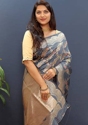 Grey banarasi silk blend saree with gold zari floral weaving & rich pallu 3