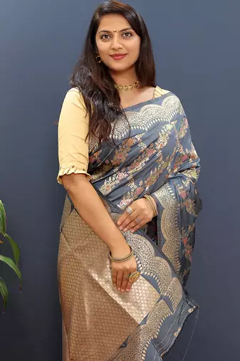 Grey banarasi silk blend saree with gold zari floral weaving & rich pallu