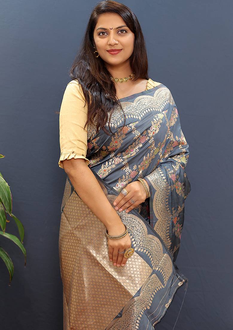 Grey banarasi silk blend saree with gold zari floral weaving & rich pallu