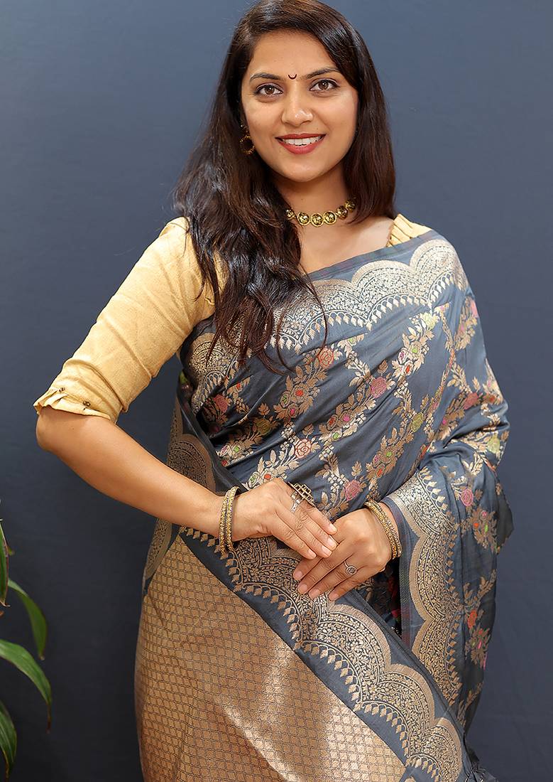 Grey banarasi silk blend saree with gold zari floral weaving & rich pallu