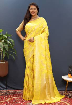 Yellow banarasi silk blend saree with gold zari floral weaving & rich pallu 1