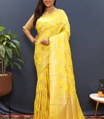 Yellow banarasi silk blend saree with gold zari floral weaving & rich pallu